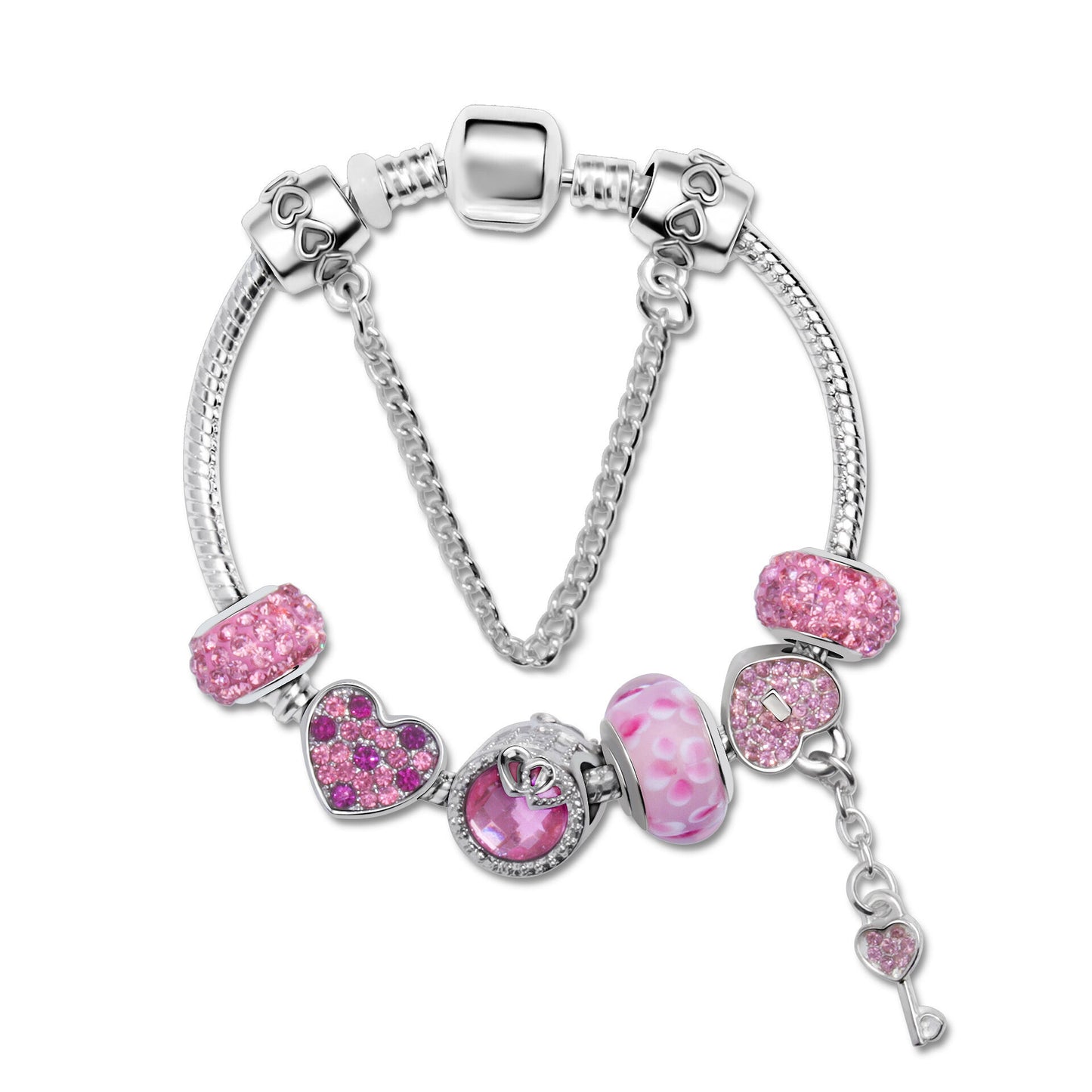 Rhinestone Heart & Bead Alloy Plated Bracelet with Happy Lock Pendant(21cm) V1132-NSSL102-21