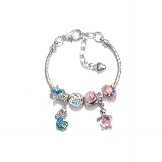 Rhinestone Star Alloy Bracelet with Mermaid & Turtle Charms Cute Pig & Glass Beads Jewelry(17cm) V1132-NSSL103-17