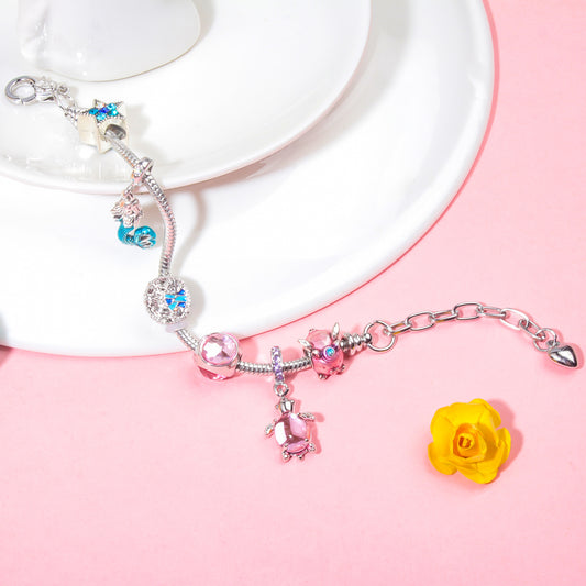 Rhinestone Star Alloy Bracelet with Mermaid & Turtle Charms Cute Pig & Glass Beads Jewelry(17cm) V1132-NSSL103-17
