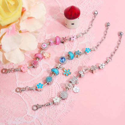 Blue Magnolia Alloy Bracelet with Rhinestones & Glaze Beads(16cm) V1132-NSSL104-16