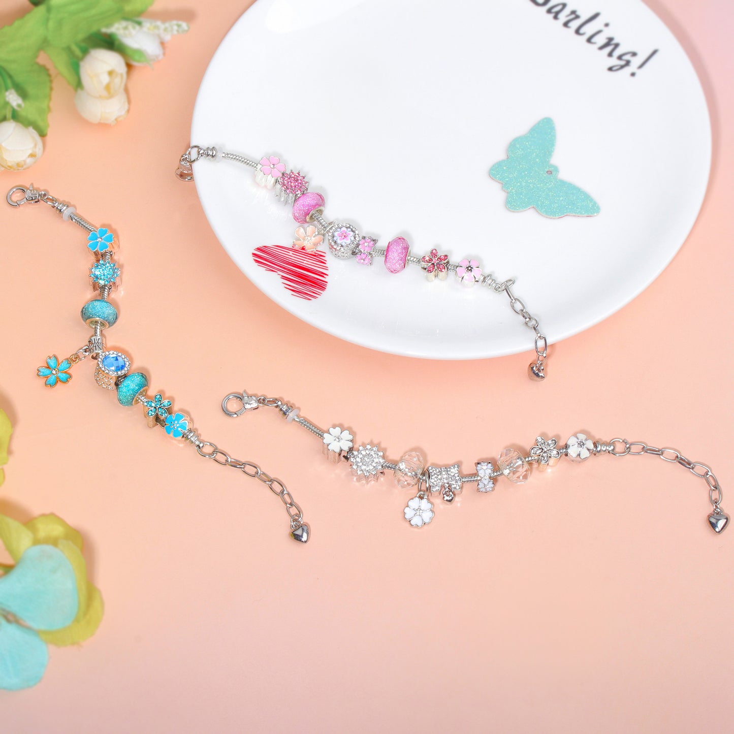 Blue Magnolia Alloy Bracelet with Rhinestones & Glaze Beads(20cm) V1132-NSSL104-20