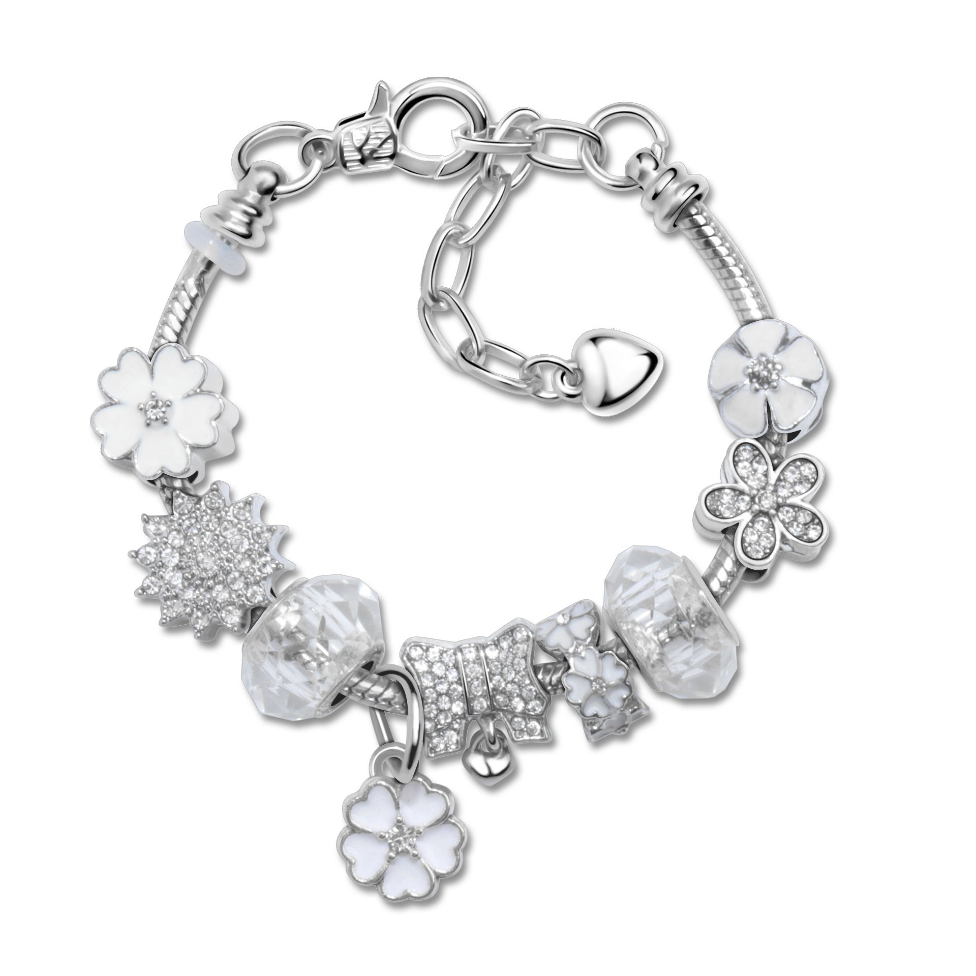 Alloy Bracelet with Rhinestone, Glass Beads & White Magnolia Pendant(19cm) V1132-NSSL105-19