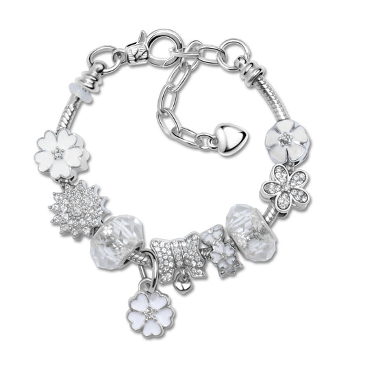 Alloy Bracelet with Rhinestone, Glass Beads & White Magnolia Pendant(19cm) V1132-NSSL105-19