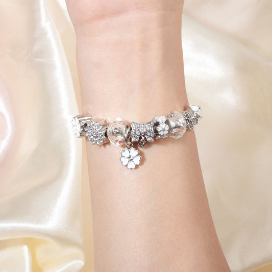 Alloy Bracelet with Rhinestone, Glass Beads & White Magnolia Pendant(20cm) V1132-NSSL105-20