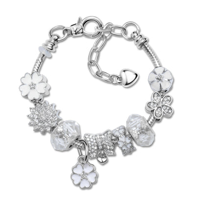 Alloy Bracelet with Rhinestone, Glass Beads & White Magnolia Pendant(21cm) V1132-NSSL105-21