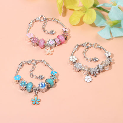 Alloy Bracelet with Rhinestone, Glass Beads & White Magnolia Pendant(21cm) V1132-NSSL105-21
