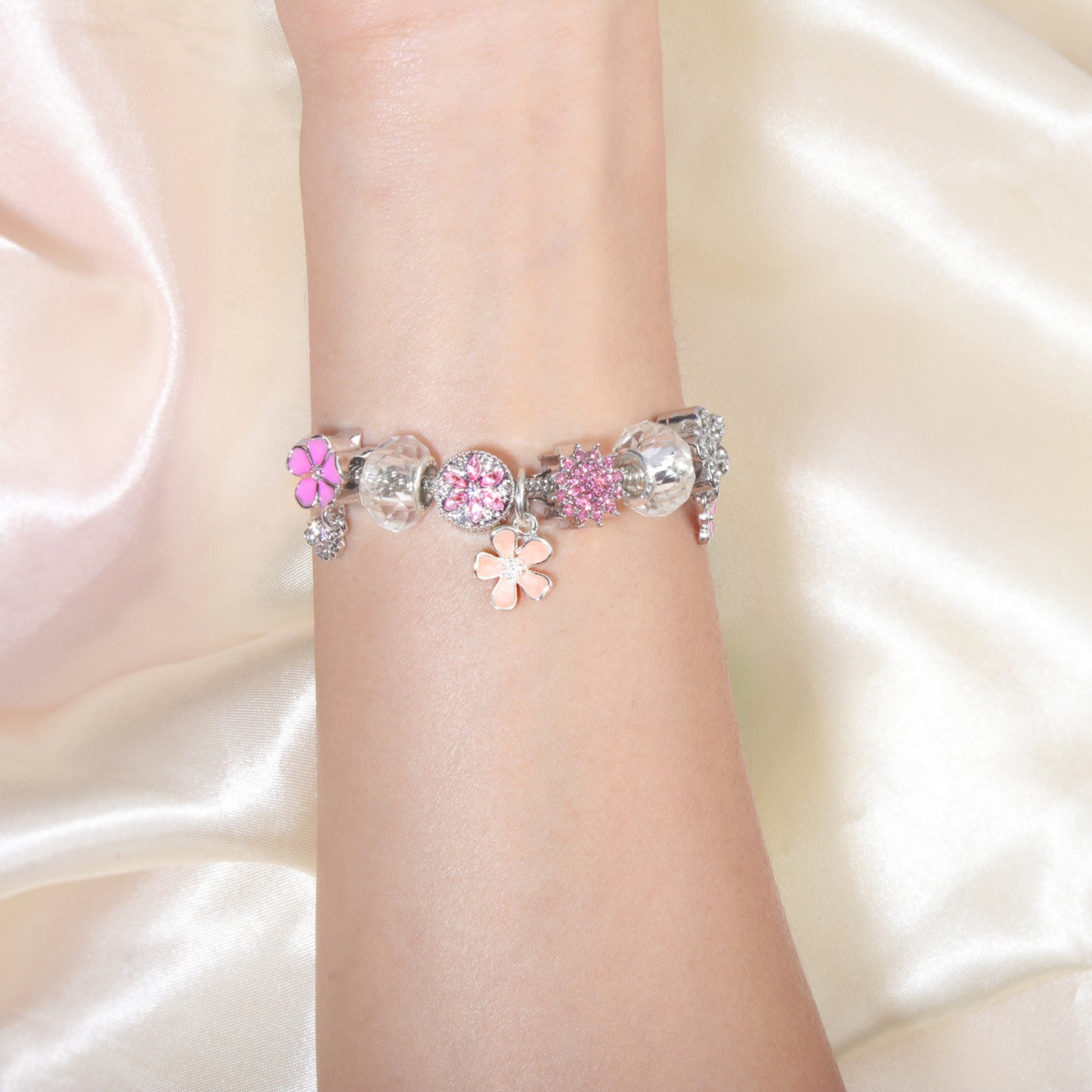 Pink Rhinestone Glass Enamel Bead Bracelet with Magnolia Pendant(16cm) V1132-NSSL106-16