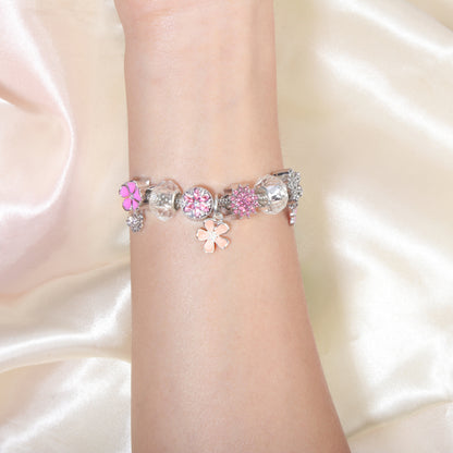 Pink Rhinestone Glass Enamel Bead Bracelet with Magnolia Pendant(16cm) V1132-NSSL106-16