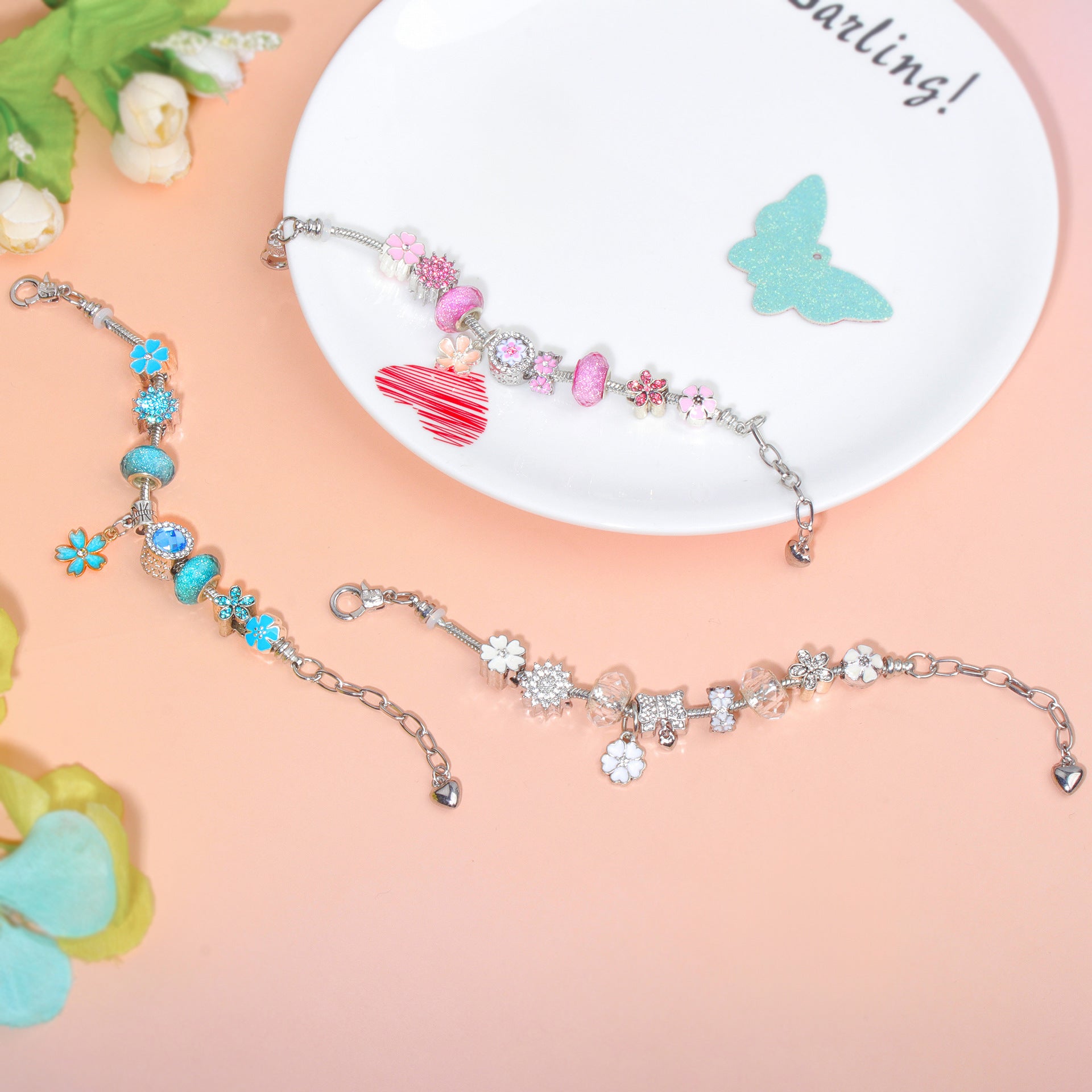 Pink Rhinestone Glass Enamel Bead Bracelet with Magnolia Pendant(17cm) V1132-NSSL106-17