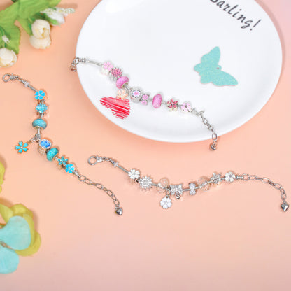 Pink Rhinestone Glass Enamel Bead Bracelet with Magnolia Pendant(20cm) V1132-NSSL106-20