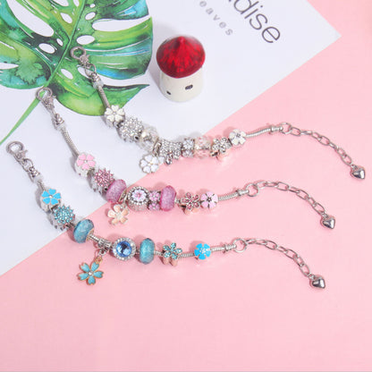 Pink Rhinestone Glass Enamel Bead Bracelet with Magnolia Pendant(21cm) V1132-NSSL106-21