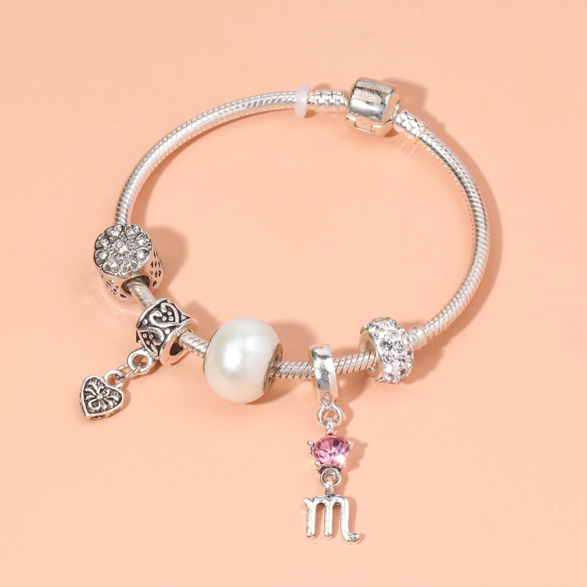 Constellation Heart Crystal Charm Bracelet(silver-toned,17cm) V1132-NSSL13-17