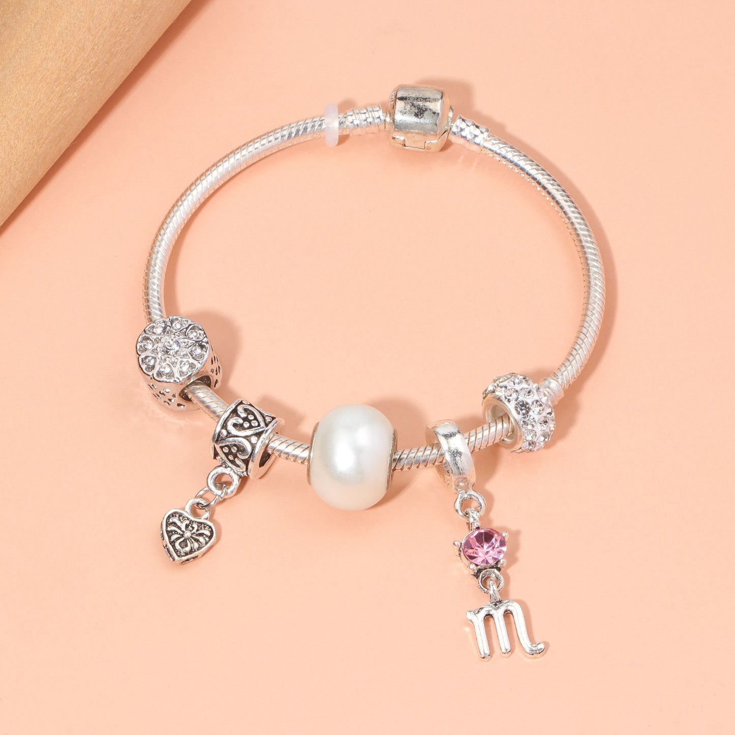 Constellation Heart Crystal Charm Bracelet(silver-toned,18cm) V1132-NSSL13-18