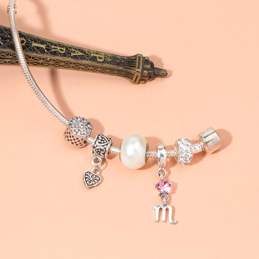 Constellation Heart Crystal Charm Bracelet(silver-toned,18cm) V1132-NSSL13-18