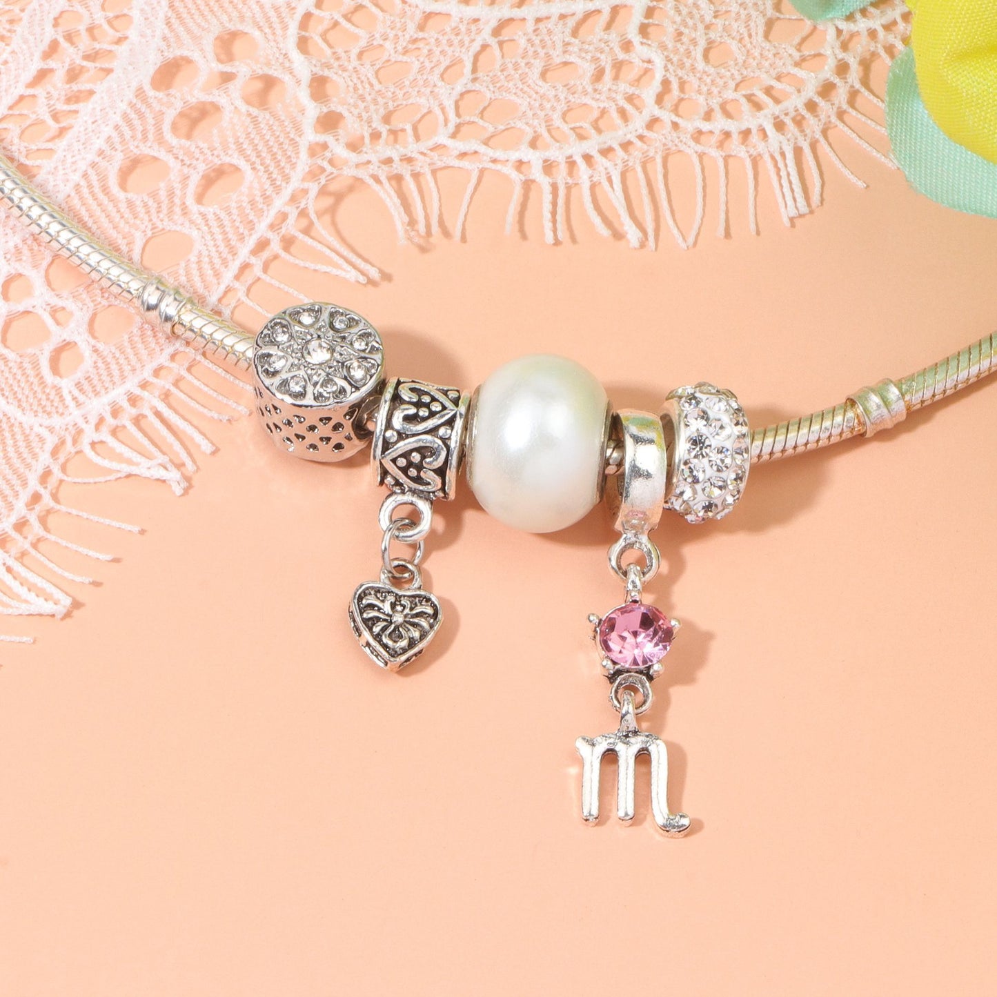 Constellation Heart Crystal Charm Bracelet(silver-toned,18cm) V1132-NSSL13-18