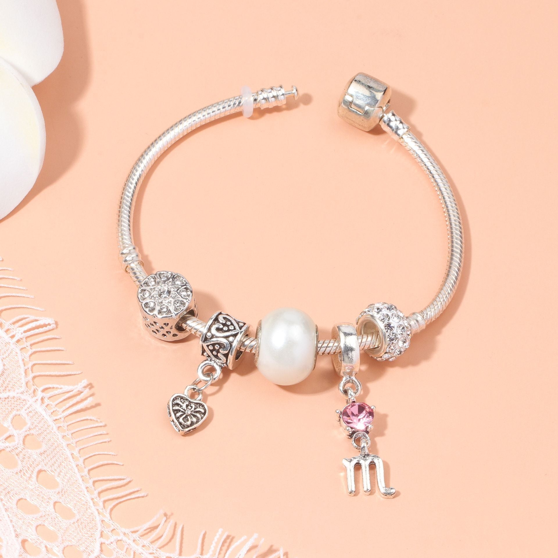 Constellation Heart Crystal Charm Bracelet(silver-toned,19cm) V1132-NSSL13-19