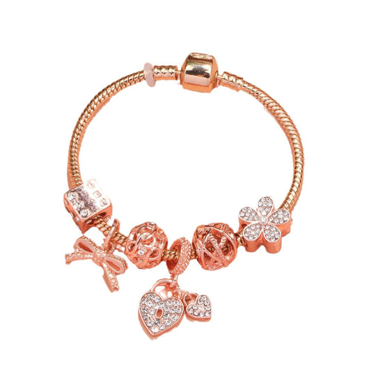 Hollow Out Crystal Flower Heart Bow Charm Bracelet(rose gold,17cm) V1132-NSSL14-ROSE GOLD-17