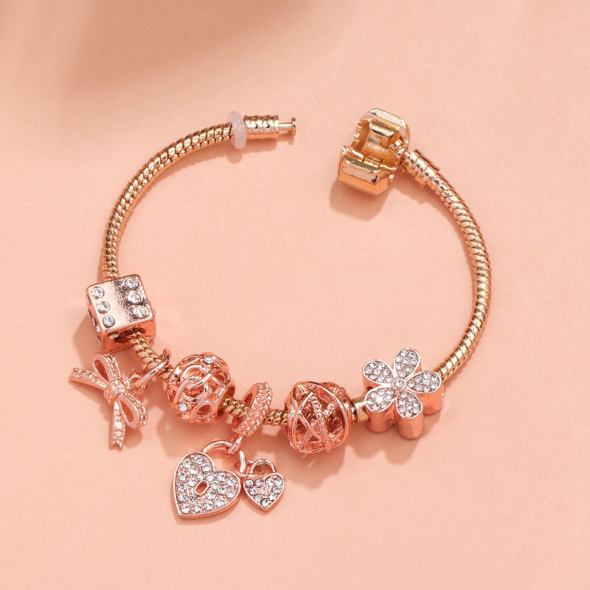 Hollow Out Crystal Flower Heart Bow Charm Bracelet(rose gold,17cm) V1132-NSSL14-ROSE GOLD-17