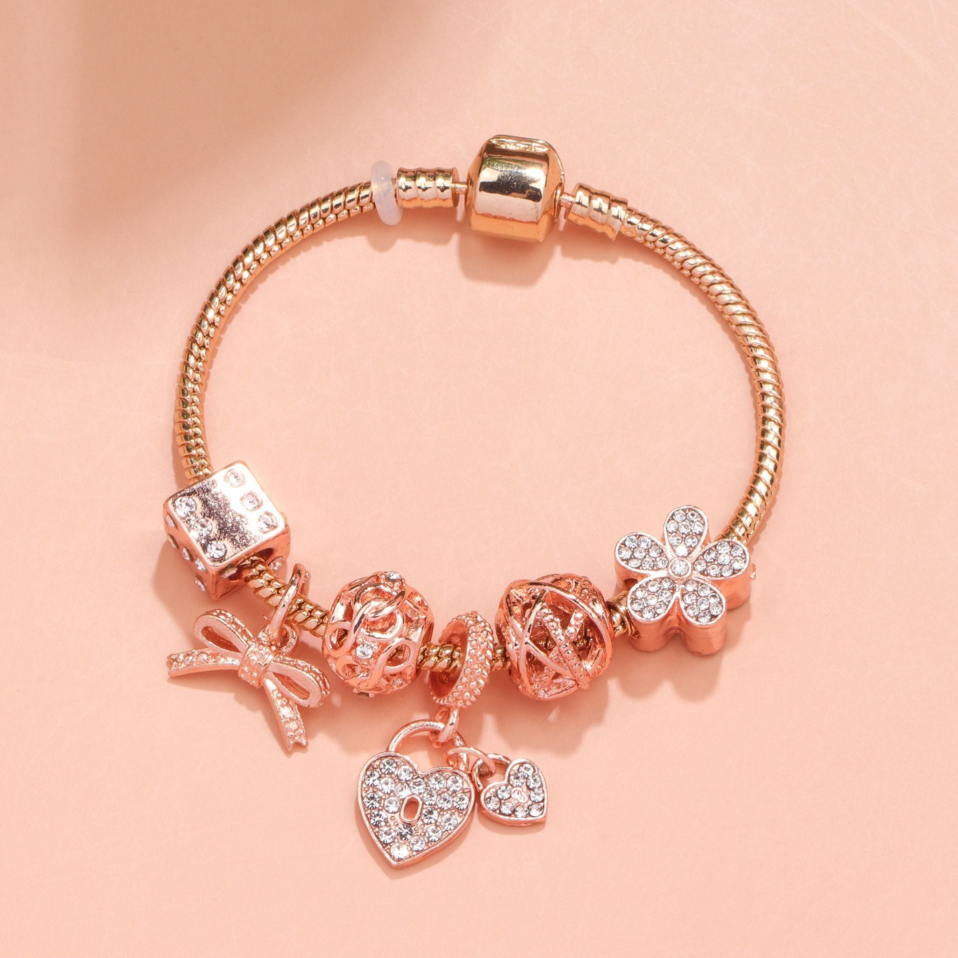 Hollow Out Crystal Flower Heart Bow Charm Bracelet(rose gold,18cm) V1132-NSSL14-ROSE GOLD-18