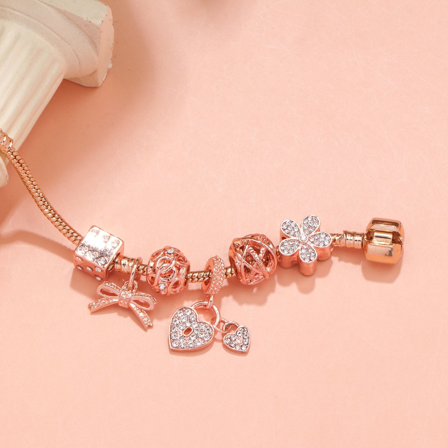 Hollow Out Crystal Flower Heart Bow Charm Bracelet(rose gold,20cm) V1132-NSSL14-ROSE GOLD-20