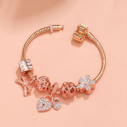Hollow Out Crystal Flower Heart Bow Charm Bracelet(rose gold,20cm) V1132-NSSL14-ROSE GOLD-20