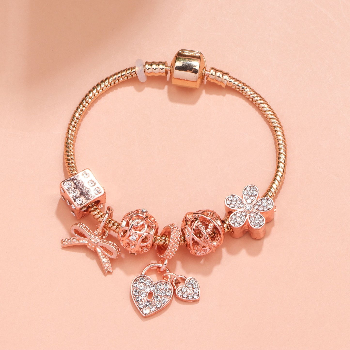 Hollow Out Crystal Flower Heart Bow Charm Bracelet(rose gold,21cm) V1132-NSSL14-ROSE GOLD-21
