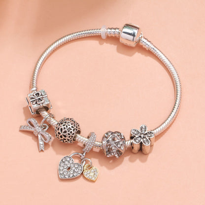 Hollow Out Crystal Flower Heart Bow Charm Bracelet(silver-toned,17cm) V1132-NSSL14-SILVER-TONED-17