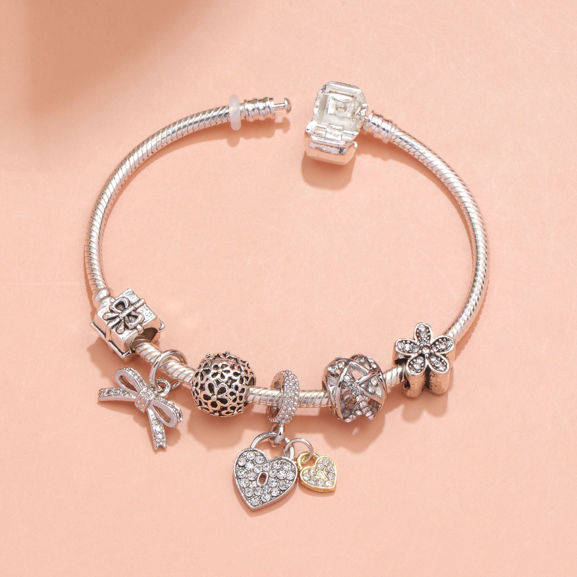 Hollow Out Crystal Flower Heart Bow Charm Bracelet(silver-toned,17cm) V1132-NSSL14-SILVER-TONED-17