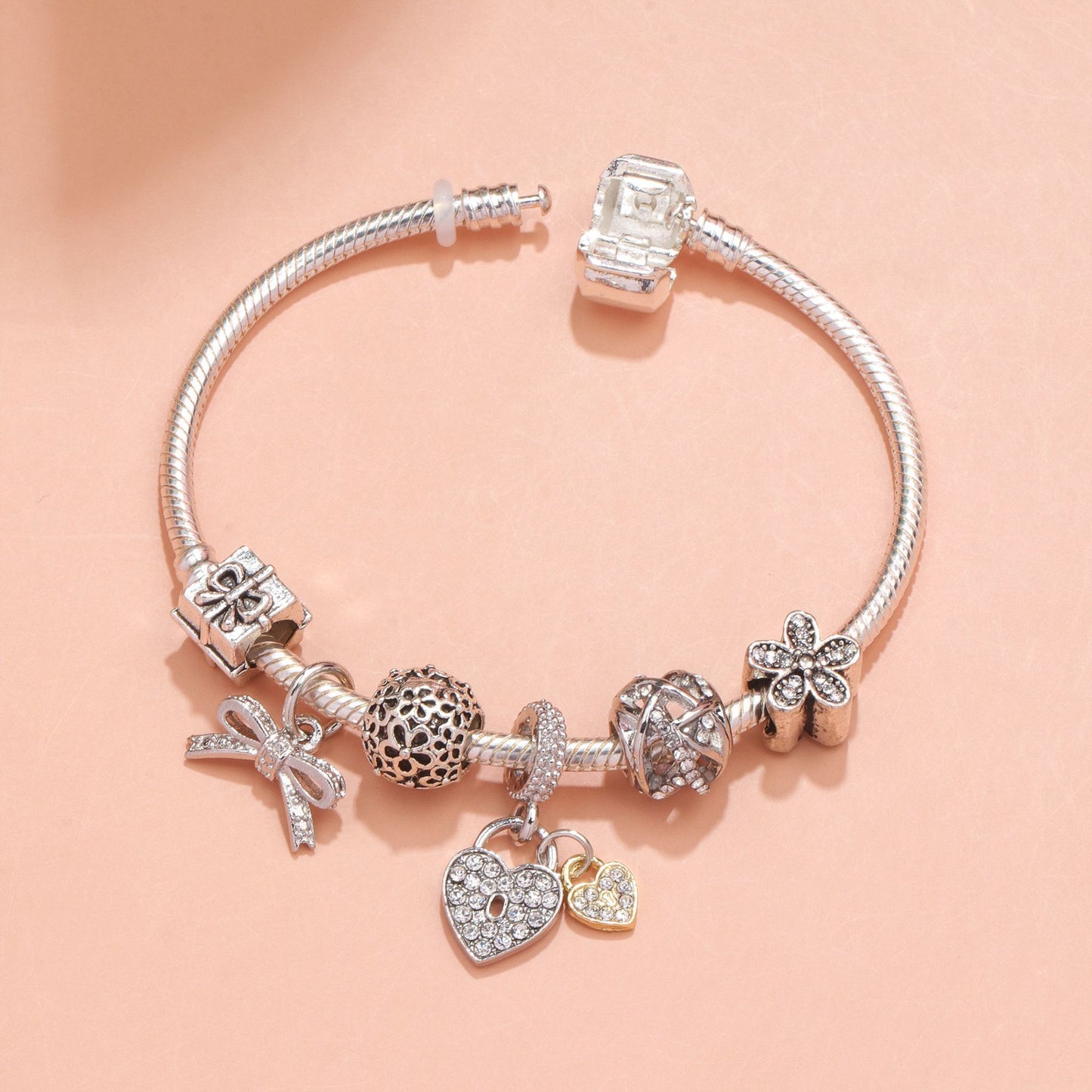 Hollow Out Crystal Flower Heart Bow Charm Bracelet(silver-toned,19cm) V1132-NSSL14-SILVER-TONED-19