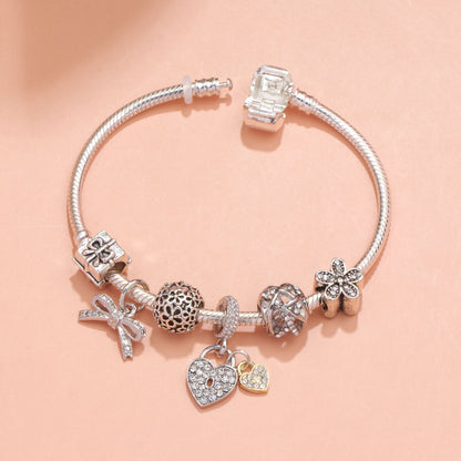 Hollow Out Crystal Flower Heart Bow Charm Bracelet(silver-toned,19cm) V1132-NSSL14-SILVER-TONED-19