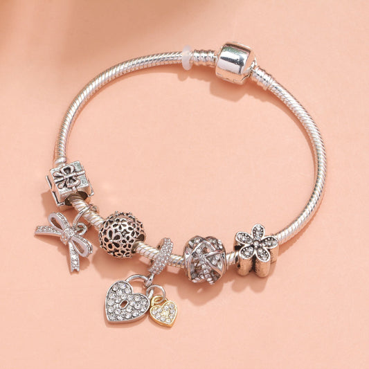 Hollow Out Crystal Flower Heart Bow Charm Bracelet(silver-toned,20cm) V1132-NSSL14-SILVER-TONED-20