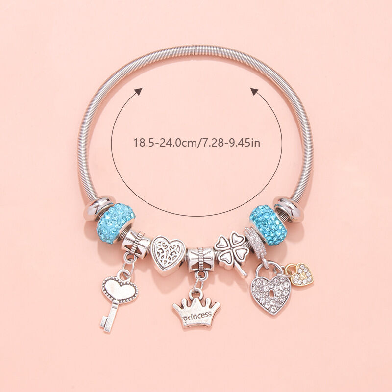 Charm Bracelet with Heart, Four-Leaf Clover & Rhinestone Beads(blue) V1132-NSSL15-BLUE