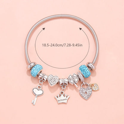 Charm Bracelet with Heart, Four-Leaf Clover & Rhinestone Beads(blue) V1132-NSSL15-BLUE