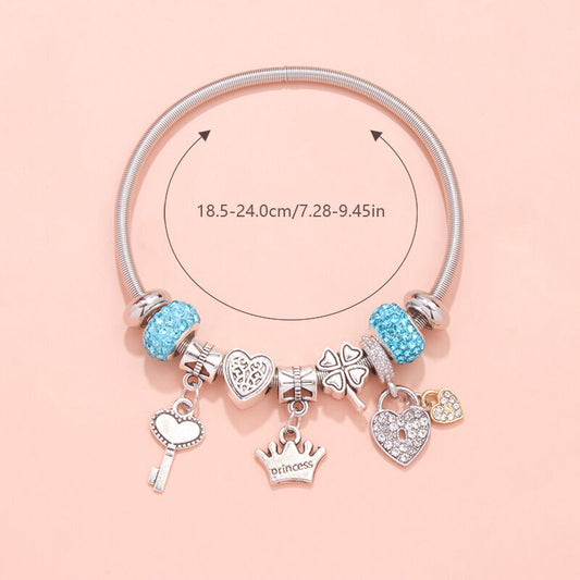Charm Bracelet with Heart, Four-Leaf Clover & Rhinestone Beads(blue) V1132-NSSL15-BLUE