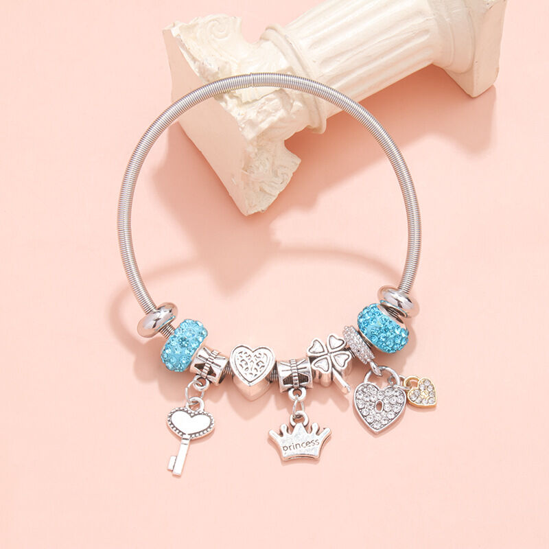 Charm Bracelet with Heart, Four-Leaf Clover & Rhinestone Beads(blue) V1132-NSSL15-BLUE