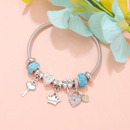 Charm Bracelet with Heart, Four-Leaf Clover & Rhinestone Beads(blue) V1132-NSSL15-BLUE