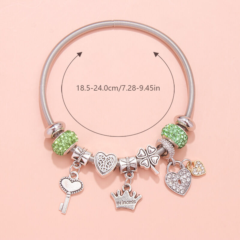 Charm Bracelet with Heart, Four-Leaf Clover & Rhinestone Beads(green) V1132-NSSL15-GREEN
