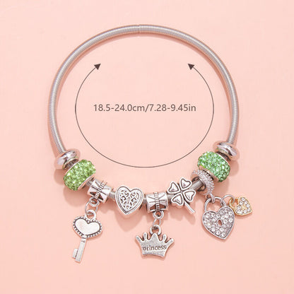 Charm Bracelet with Heart, Four-Leaf Clover & Rhinestone Beads(green) V1132-NSSL15-GREEN