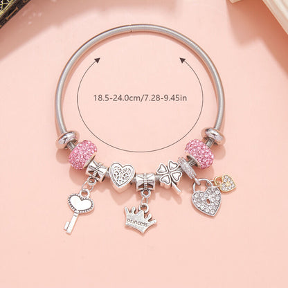 Charm Bracelet with Heart, Four-Leaf Clover & Rhinestone Beads(pink) V1132-NSSL15-PINK