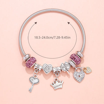 Charm Bracelet with Heart, Four-Leaf Clover & Rhinestone Beads(purple) V1132-NSSL15-PURPLE