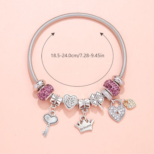 Charm Bracelet with Heart, Four-Leaf Clover & Rhinestone Beads(purple) V1132-NSSL15-PURPLE