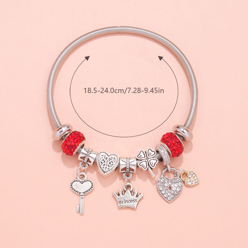Charm Bracelet with Heart, Four-Leaf Clover & Rhinestone Beads(red) V1132-NSSL15-RED