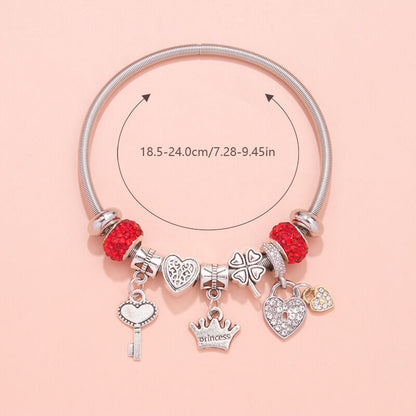 Charm Bracelet with Heart, Four-Leaf Clover & Rhinestone Beads(red) V1132-NSSL15-RED