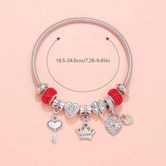 Charm Bracelet with Heart, Four-Leaf Clover & Rhinestone Beads(red) V1132-NSSL15-RED