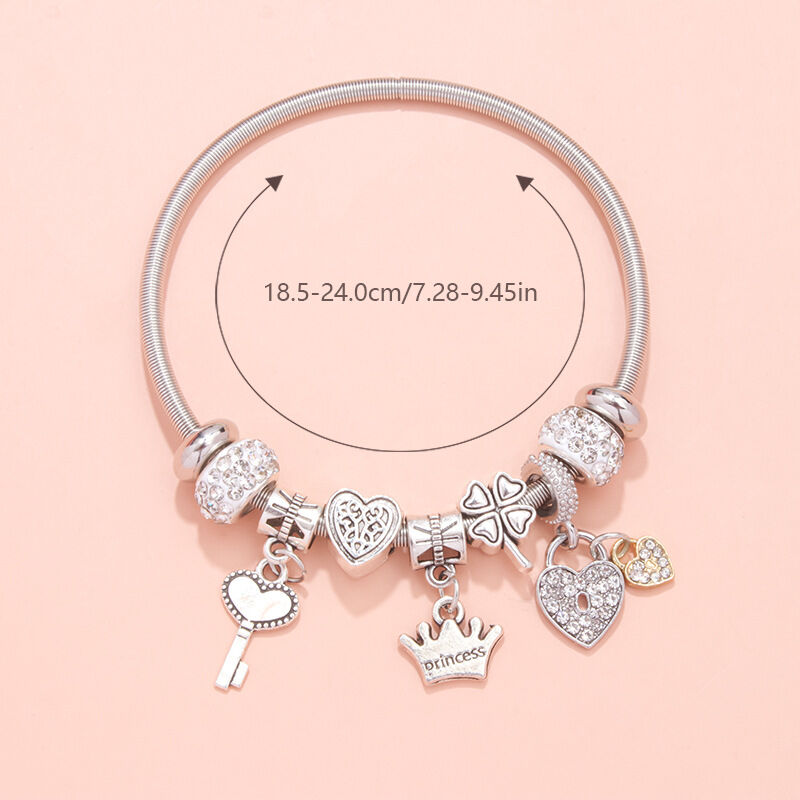 Charm Bracelet with Heart, Four-Leaf Clover & Rhinestone Beads(silver) V1132-NSSL15-SILVER