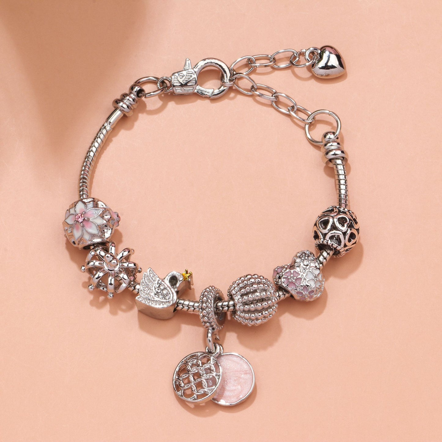 Hollow Crystal-Encrusted Swan Crown Flower Heart Bracelet(silver,19cm) V1132-NSSL17-SILVER-19