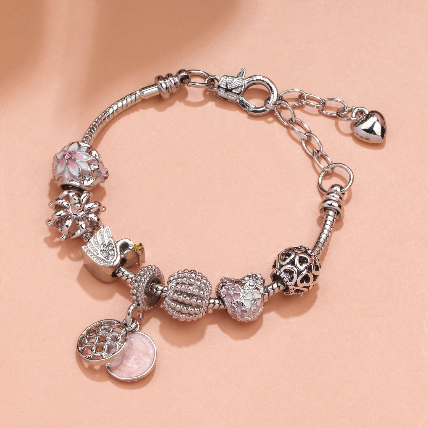 Hollow Crystal-Encrusted Swan Crown Flower Heart Bracelet(silver,19cm) V1132-NSSL17-SILVER-19