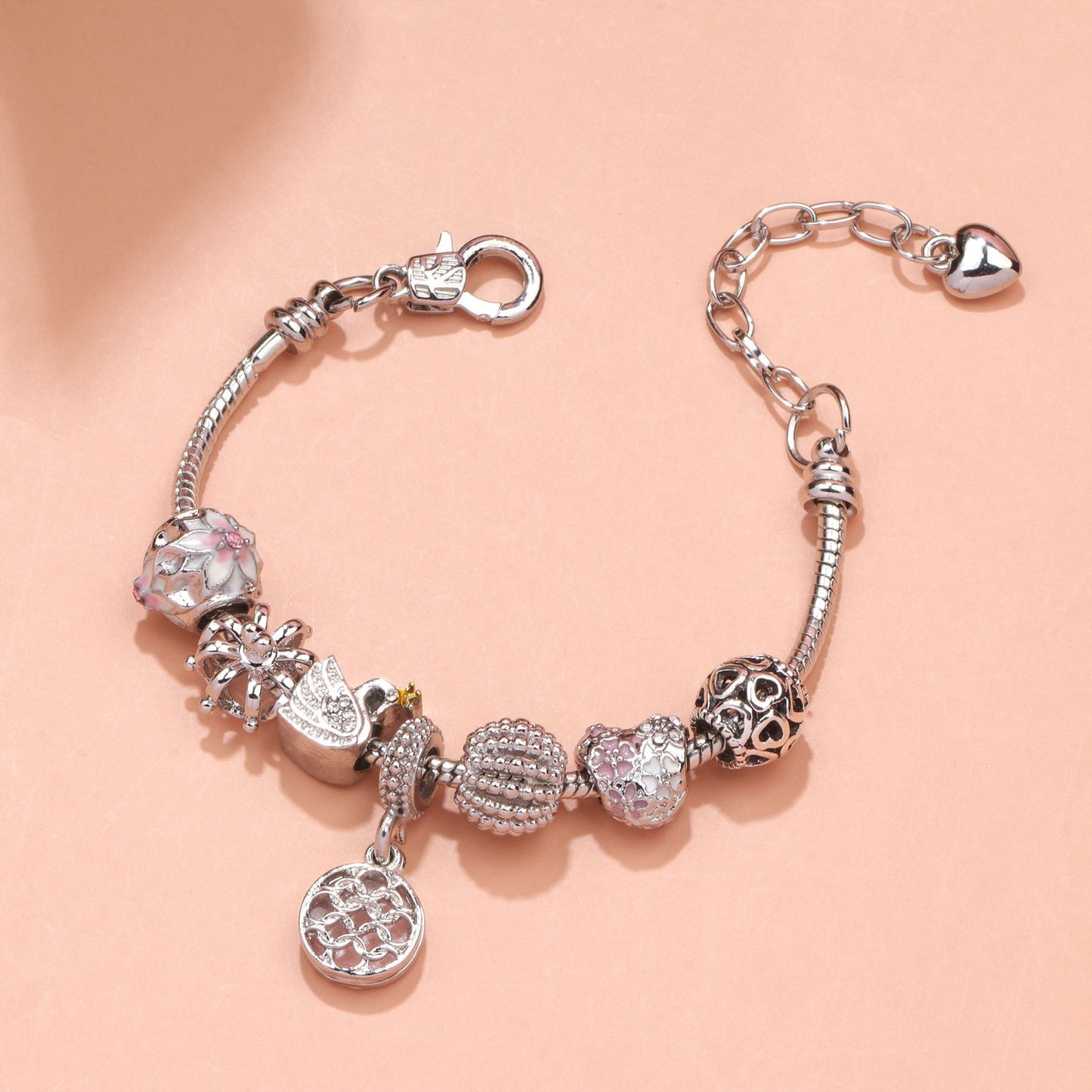 Hollow Crystal-Encrusted Swan Crown Flower Heart Bracelet(silver,19cm) V1132-NSSL17-SILVER-19