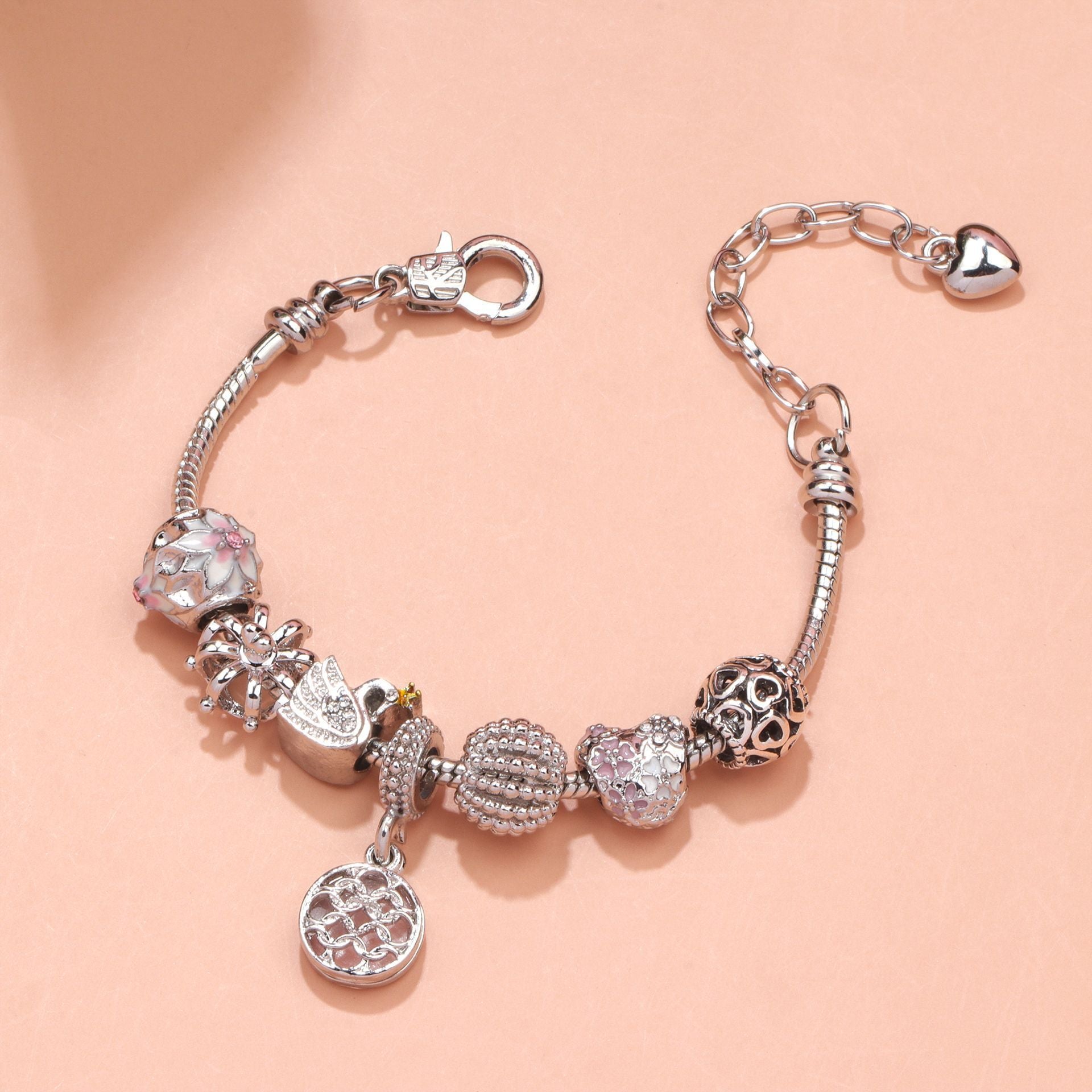 Hollow Crystal-Encrusted Swan Crown Flower Heart Bracelet(silver,19cm) V1132-NSSL17-SILVER-19