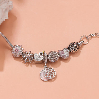 Hollow Crystal-Encrusted Swan Crown Flower Heart Bracelet(silver,20cm) V1132-NSSL17-SILVER-20
